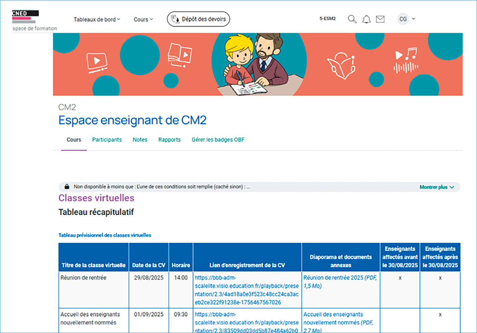 Capture d'écran de l'espace enseignant CM2